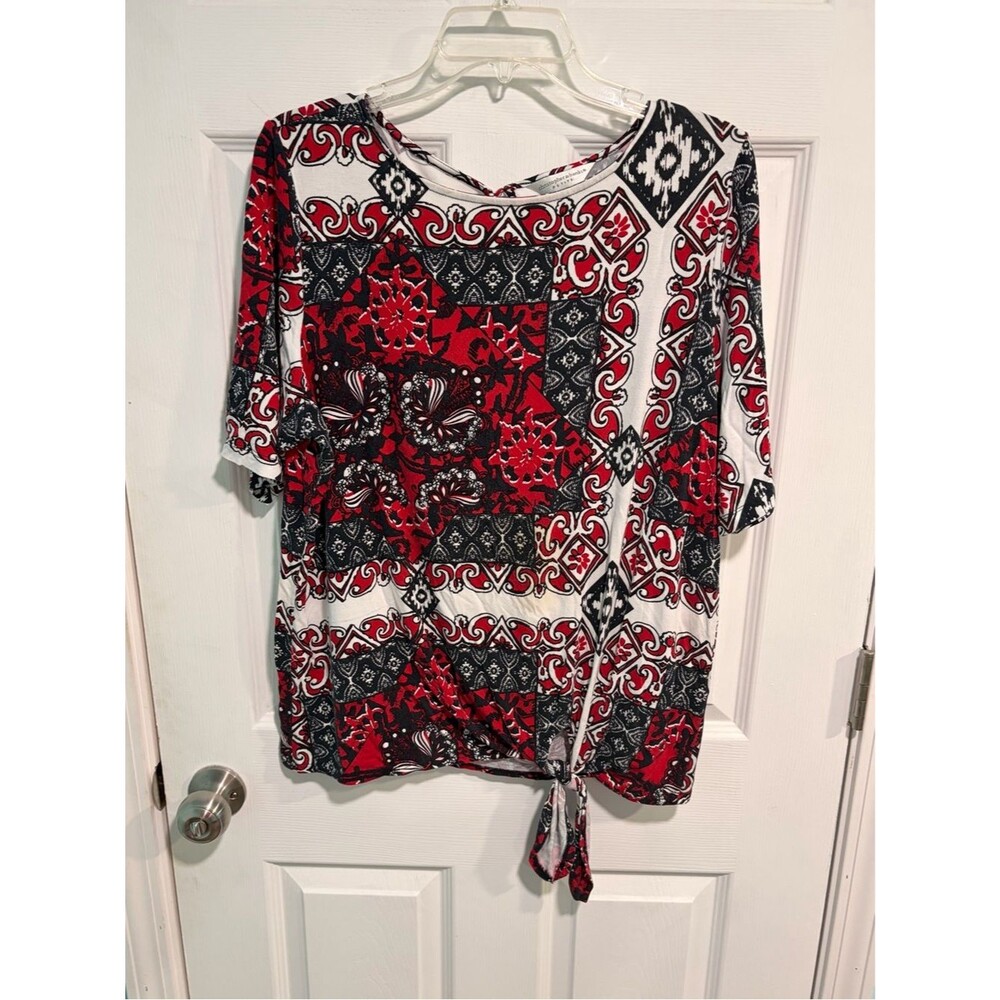 Christopher & Banks Petite Tie Front Top Red Black White Patchwork Print P/XL